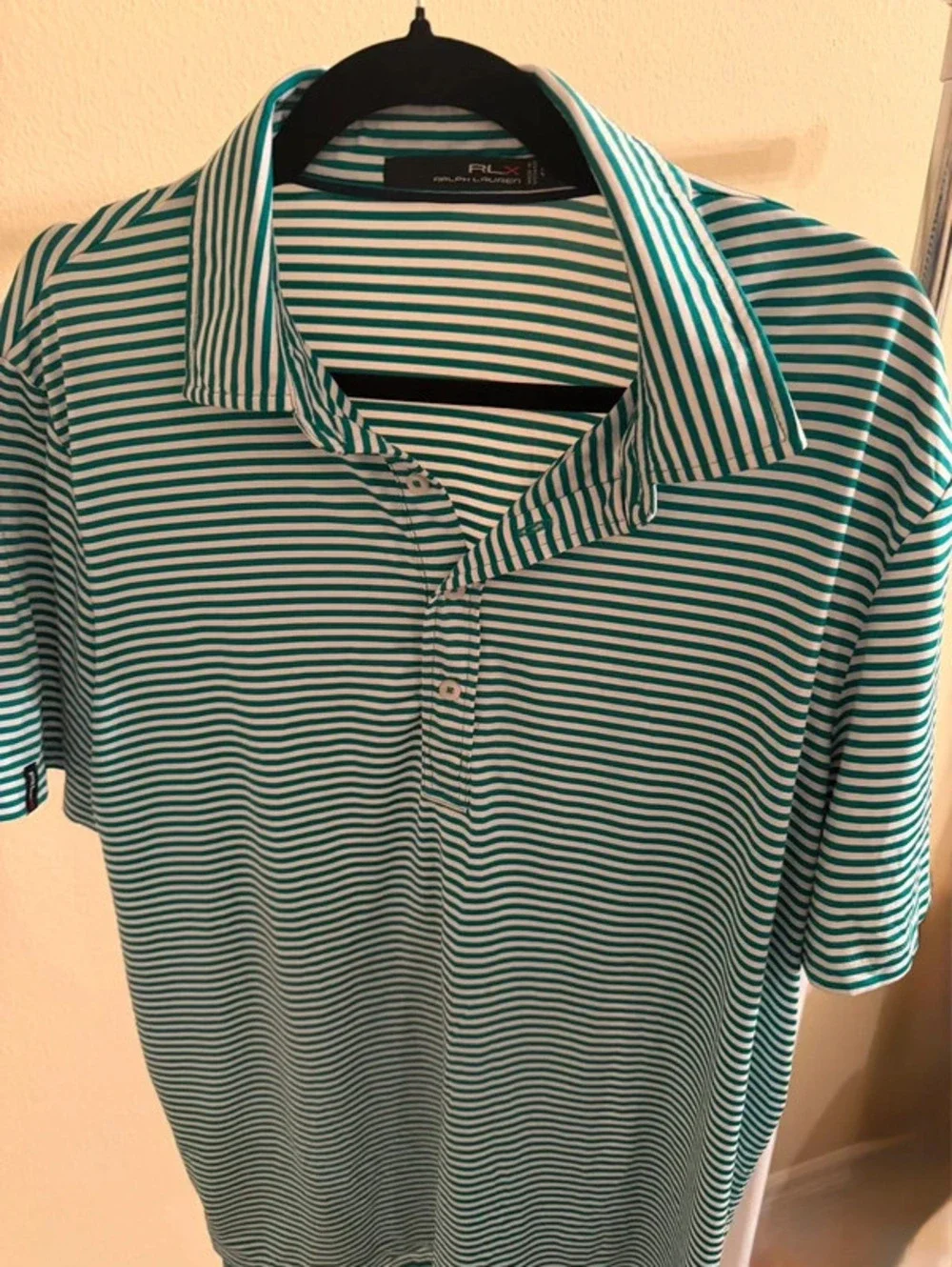 RLX Ralph Lauren Men's Green & White Striped Golf Polo Shirt (Size Large)